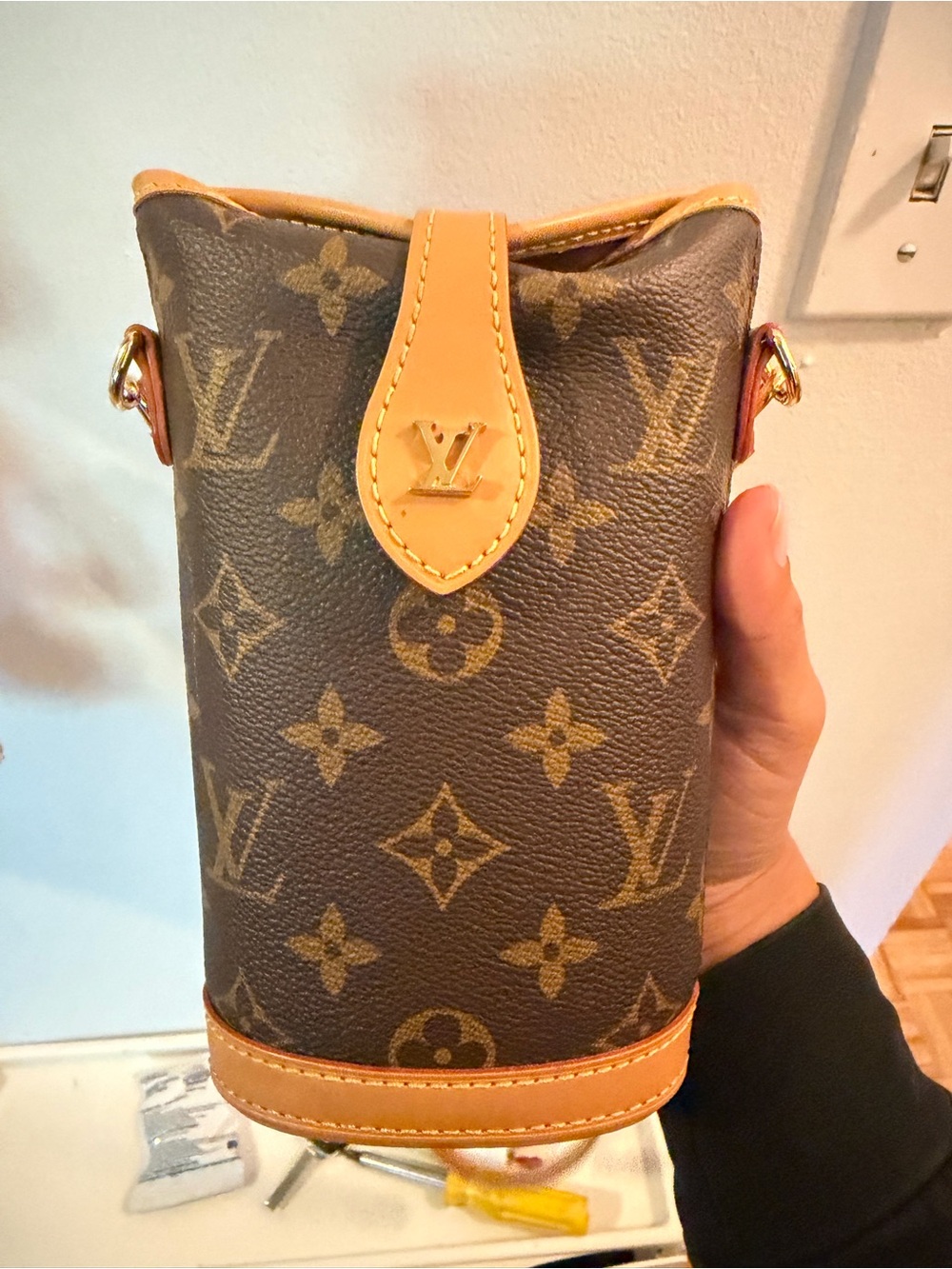 Louis Vuitton Monogram Canvas Brown & Tan Bucket Crossbody Pouch